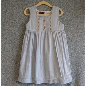 Lil Cactus Boutique Girls Size 5 Blue Cotton Dress Pink Embroidered Flowers